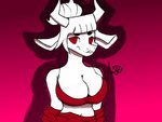 anthro bra breasts clothing female fur gradient_background hair horn navel red_background red_eyes shirt simple_background smile smiling_at_viewer solo topwear underwear white_body white_fur white_hair yen_tokk helltaker goat_lucifer_(helltaker) bovid caprine goat mammal 2020 4:3 digital_media_(artwork)