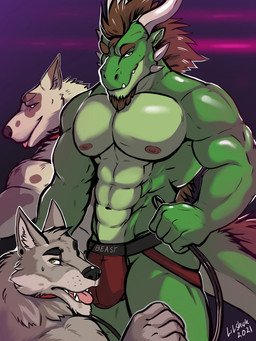 abs anthro barazoku bdsm biped brown_hair bulge clothed clothing fangs glistening glistening_arms glistening_body glistening_hair green_body group hair jockstrap male male/male muscular muscular_anthro muscular_male nipples open_mouth pecs petplay puppyplay roleplay simple_background standing tail teeth three-quarter_view tongue tongue_out topless underwear year lilshark mythology canid canine canis domestic_dog dragon mammal mythological_creature mythological_scalie scalie wolf 2021 3:4 dated digital_drawing_(artwork) digital_media_(artwork) hi_res shaded signature soft_shading