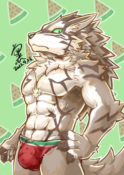 abs anthro athletic athletic_anthro athletic_male black_sclera bulge clothing detailed_bulge food fruit green_eyes male melon pecs plant solo speedo swimwear watermelon c82102111 lifewonders tokyo_afterschool_summoners seth_(tas) canid canine canis jackal mammal hi_res