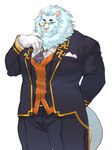 anthro butler clothing dress_coat dress_pants eyewear fur gloves handwear male mane monocle solo tail topwear vest white_body white_clothing white_fur white_gloves white_handwear ituduki_aaa lifewonders tokyo_afterschool_summoners manji snow_(tas) felid lion mammal pantherine 3:4 hi_res