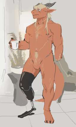 1_missing_limb amputee anthro balls blonde_hair body_hair chair chest_hair container cup detailed_background disability front_view furniture genitals hair holding_container holding_cup holding_object horn male male_anthro missing_hand nipple_piercing nipples nude_anthro nude_male nullo penectomized penectomy_scar piercing plant prosthetic prosthetic_leg prosthetic_limb red_body scar solo standing urethra eumecesemeatttt mythology dragon mythological_creature mythological_scalie scalie hi_res