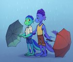 3_toes 4_fingers blue_body blue_scales clothing duo feet fin fingers freckles green_body green_scales holding_object long_tail male raining scales smile tail toes umbrella water young the_meep_lord disney luca_(pixar) pixar alberto_scorfano luca_paguro marine sea_monster 2021 hi_res