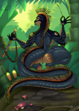 anthro anus back_boob big_breasts black_body black_scales blowdart breasts butt crouching detailed_background female forest fungus genitals hunter jungle long_tail mohawk muscular muscular_anthro muscular_female mushroom non-mammal_breasts nude palm_tree plant quills_(anatomy) rear_view scales side_boob sniper solo spying tail thick_thighs tree vulva wide_hips juxtapex dinosaur prehistoric_species reptile scalie hi_res