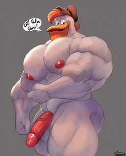 5_fingers anthro areola balls barazoku beak biceps big_muscles big_pecs big_penis biped brown_clothing brown_hat brown_headwear clothing deltoids dialogue fingers fist flaccid forearm_muscles foreskin genitals glans greeting greeting_viewer grey_background hair hat hat_only headgear headgear_only headwear headwear_only huge_muscles huge_pecs humanoid_genitalia humanoid_hands humanoid_penis looking_at_viewer male male_anthro manly monotone_background mostly_nude mostly_nude_anthro mostly_nude_male muscular muscular_anthro muscular_arms muscular_male muscular_thighs nipples non-mammal_balls non-mammal_nipples open_mouth open_smile pecs penis pink_areola pink_glans pink_nipples pink_penis quads red_hair retracted_foreskin shaft_divide simple_background smile smiling_at_viewer solo speech_bubble standing talking_to_viewer text three-quarter_view triceps vein veiny_penis white_body yellow_beak uniparasite disney ducktales launchpad_mcquack anatid anseriform avian bird duck digital_media_(artwork) english_text handwritten_text hi_res portrait shaded signature three-quarter_portrait