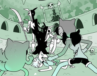 ambiguous_gender anthro black_hair bone bottomwear butt clothing conjoined female hair hat headgear headwear male ponytail shirt shorts skeleton skull tail toony topwear weapon discount-supervillain adventure_time cartoon_network finn_the_human jake_the_dog marceline_abadeer animated_skeleton canid canine canis human humanoid mammal monster undead wolf