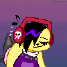 alternative_fashion black_hair duo electronics eyeliner female goth gradient_background hair headphones listening_to_music makeup male simple_background text toilet_man chikn_nuggit chikn_nuggit_(chikn_nuggit) cofi_(chikn_nuggit) bovid canid canine caprine mammal sheep 1:1 2025 animated artist_name digital_media_(artwork) loop pixel_(artwork) pixel_animation signature