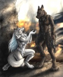 2010 anthro armor canid canine canis collar duo female gas_mask hair kneeling male male/female mammal mask proposal romantic romantic_ambiance romantic_couple rukis smile tail white_hair wolf