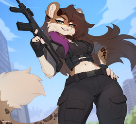 anthro biped bottomwear breasts clothed clothed_anthro clothed_female clothing cloud countershade_torso countershading day female fingers front_view fully_clothed fully_clothed_anthro fully_clothed_female gloves gun hair handwear looking_at_viewer navel outside ranged_weapon sky small_waist smile solo spots standing tail teeth topwear weapon wide_hips amarihel cass_(funsizedleopard) felid feline mammal 2026 digital_drawing_(artwork) digital_media_(artwork) hi_res