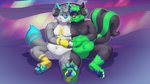 anthro conjoined duo electronics featureless_crotch headphones male male/male merging nude plantigrade sitting slightly_chubby stuck_together wide_dicephalous the-b3ing canid canine canis hybrid mammal mephitid procyonid raccoon skunk wolf 16:9 widescreen