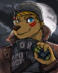 anthro armor blonde_hair blue_eyes brown_body brown_fur brown_nose clothing explosives facial_markings fur grenade hair hat head_markings headgear headwear helmet male markings solo weapon flexa fallout microsoft ncr_ranger_(fallout) seth_häser herpestid mammal mongoose 4:5 hi_res