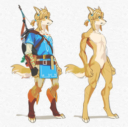 alternate_species anthro blonde_hair bow_(weapon) clothing digitigrade ear_piercing ear_ring featureless_crotch furgonomics furrification hair male melee_weapon nude piercing ponytail ranged_weapon ring_piercing shield shirt solo sword topwear tunic weapon uzucake breath_of_the_wild nintendo the_legend_of_zelda link canid canine fox mammal 2021