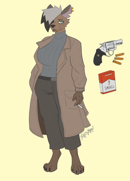 anthro cigarette clothing coat detective eyebrows facial_piercing female gun hair handgun lip_piercing mature_anthro mature_female multicolored_hair piercing ranged_weapon revolver scar snakebite_piercing solo sweater tired_eyes topwear trenchcoat two_tone_hair weapon white_hair saltymaw doria_(saltymaw) tung_tung_tung_sahur hyena mammal absurd_res hi_res reference_image
