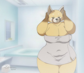 anthro bath bathroom belly big_breasts breasts curvy_figure female huge_breasts navel_outline overweight overweight_anthro overweight_female solo steam text thick_thighs towel voluptuous wide_hips xxsparcoxx aggretsuko sanrio retsuko ailurid mammal red_panda 2019 artist_name