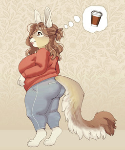 abstract_background anthro big_breasts big_butt breasts brown_hair butt clothed clothing coffee_cup container cup female fluffy fluffy_tail fully_clothed hair huge_breasts long_tail solo standing tail thought_bubble noviraine claudia_(noviraine) chinchillid mammal rodent viscacha