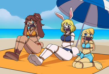 anthro bdsm beach bedding bikini blanket bondage bound clothing crotch_rope female group looking_at_viewer muzzle_(object) muzzled parasol restraints rope rope_bondage seaside side-tie_bikini string_bikini swimwear trio two-piece_swimsuit nivek15 activision one_piece spyro_the_dragon star_wars star_wars_visions bianca_(spyro) carrot_(one_piece) lop_(star_wars_visions) lagomorph lepi leporid mammal minkmen_(one_piece) rabbit crossover hi_res