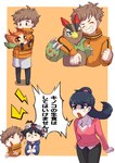 angry anthro beak brown_body brown_feathers brown_hair duo feathers female group hair male mofumi_corvus bandai_namco digimon digimon_survive aoi_shibuya falcomon_(survive) minoru_hyuga takuma_momozuka digimon_(species) falcomon human mammal pinamon