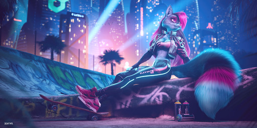 anthro black_hair bottomwear bra breasts city cityscape clothed clothing collar dipstick_tail facial_markings female footwear fur graffiti grey_body grey_fur hair head_markings inner_ear_fluff jacket long_hair looking_away markings mask_(marking) midriff multicolored_hair multicolored_tail night open_clothing open_jacket open_topwear pants pink_body pink_eyes pink_fur pink_hair pink_nose plant shoes sitting skate_park skateboard smile sneakers solo spotlight spray_can tail tail_markings text text_on_bottomwear text_on_clothing text_on_pants topwear tree tuft underwear vehicle whiskers zorryn canid canine fox mammal 2:1 3d_(artwork) digital_media_(artwork) hi_res