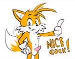 2_tails balls casual_erection clothing erection genitals gesture gloves hand_gesture handwear male multi_tail navel penis simple_background solo tail tapering_penis text thumbs_up white_background shmallow sega sonic_the_hedgehog_(series) miles_prower canid canine fox mammal english_text letterbox