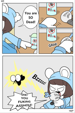 angry anthro bed bedside_table blue_clothing blue_pajamas brown_hair bug_spray clothing dialogue duo feral furniture hair male onomatopoeia pajamas profanity ranged_weapon raygun shooting sound_effects speech_bubble table text weapon tonytoran tony_(tonytoran) arthropod chinchilla chinchillid fly_(animal) insect mammal mosquito rodent 2:3 comic english_text hi_res
