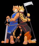 2022 absurd_res alpha_channel anthro back_to_back biped blade_arm clothed clothing countershading digital_media_(artwork) duo felid feline full-length_portrait fully_clothed hi_res kay_(legend_of_kay) kaytaysis legend_of_kay leopardus male male/male mammal martial_arts martial_arts_uniform melee_weapon negy ocelot pantherine portrait side_view simple_background sportswear standing sword tay_(zeakfurgay) tiger transparent_background weapon