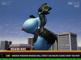 anthro anthrofied areola big_breasts biped black_body black_fur blue_body breasts building butt city detailed_background erect_nipples female female_anthro fur huge_breasts hyper hyper_breasts macro macro_anthro macro_female news nipples nude outdoor_nudity outside solo text anthroanim nintendo pokemon fan_character shizuma_luxray generation_4_pokemon luxray pokemon_(species) 2016 3d_(artwork) 4:3 broken_language colored digital_media_(artwork) english_text