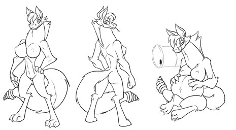 anthro barrel big_breasts breasts digitigrade fangs featureless_nipples female front_view genitals hand_on_belly hand_on_hip looking_aside looking_at_viewer navel nude rattle_(anatomy) rear_view simple_background sitting solo standing teeth thick_neck tongue tongue_out vulva white_background muniversalarts fallout microsoft fan_character snap_(balancedwolf) canid canine canis coyote hybrid mammal night_stalker_(fallout) pit_viper reptile scalie snake viper black_and_white hi_res model_sheet monochrome