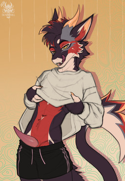 anthro bedroom_eyes bodily_fluids clothed clothing clothing_pull dripping erection fur genital_fluids genitals licking licking_lips male narrowed_eyes partially_clothed penis precum precum_drip precum_string pulled_down_shorts seductive slim_anthro small_waist tapering_penis tongue tongue_out 5ushiroll mythology loki_(5ushiroll) dragon furred_dragon furred_scalie mythological_creature mythological_scalie scalie 2026 colored_sketch sketch