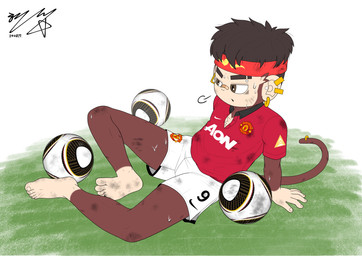5_fingers 5_toes accessory anthro ball barefoot bodily_fluids clothed clothing dirty dirty_feet ear_piercing eyebrow_piercing facial_piercing feet fingers hair hair_accessory hairband half-closed_eyes jersey male narrowed_eyes piercing shirt simple_background soccer_ball solo sweat tail toes topwear young young_anthro young_male herobrine98 manchester_united nike o_kong_(herobrine98) animal_humanoid haplorhine humanoid mammal mammal_humanoid monkey primate absurd_res digital_media_(artwork) hi_res