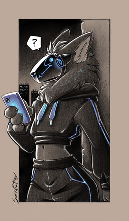 ambiguous_gender anthro blue_glow border bottomwear cellphone city city_background city_lights city_scape cityscape clothing electronics glowing glowing_blue glowing_eyes highlights_(coloring) holding_object holding_phone hoodie looking_back looking_over_back looking_over_shoulders machine mane midriff night outside pants phone simple_background simple_coloring smartphone solo speech_bubble sweatpants topwear white_border softailfox alley_the_toaster protogen black_and_white comic digital_drawing_(artwork) digital_media_(artwork) hi_res monochrome sketch spot_color nonbinary_(lore)