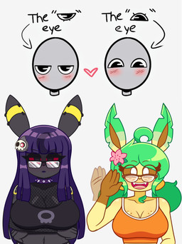 accessory alternative_fashion anthro big_breasts black_clothing black_eyes black_eyewear black_glasses blush body_blush breast_blush breasts brown_eyewear brown_glasses brown_sclera clothing collar crossed_arms duo ear_piercing eyeshadow eyewear fangs female freckled_breasts freckled_face freckles glasses goth gracidea grass green_hair greeting greeting_viewer hair hair_accessory happy huge_breasts lipstick long_hair looking_at_viewer makeup markings nerd open_mouth orange_clothing piercing pigtails plant purple_hair purple_lipstick red_sclera ring_(marking) serious serious_face smile teeth tongue topwear white_eyes mintyspirit nintendo pokemon luneiumbreon_(mintyspirit) sunnyleafeon_(mintyspirit) duskull eeveelution generation_2_pokemon generation_3_pokemon generation_4_pokemon leafeon pokemon_(species) umbreon 2025 digital_media_(artwork) hi_res meme