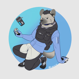 anthro black_hair claws clothing collar ear_piercing eyebrow_piercing facial_piercing fingerless_gloves fingers fur gloves grey_body grey_fur hair handwear looking_at_viewer male piercing simple_background solo kzwolf4 arknights hypergryph studio_montagne spot_(arknights) hyena mammal spotted_hyena 1:1 2021 hi_res
