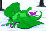 ambiguous_gender chest_tuft dipstick_tail feathered_wings feathers female feral fur green_body green_feathers green_fur horn in_snow mane markings multicolored_tail open_mouth pawpads paws playful purple_body purple_eyes purple_fur purple_mane purple_sclera purple_tail_tip simple_background smile snow solo sprawled tail tail_markings tongue tongue_out tuft wings miramore mythology mesh_(xaseiresh) dragon feathered_dragon feathered_scalie furred_dragon furred_scalie mythological_creature mythological_scalie scalie 3:2 digital_media_(artwork) hi_res