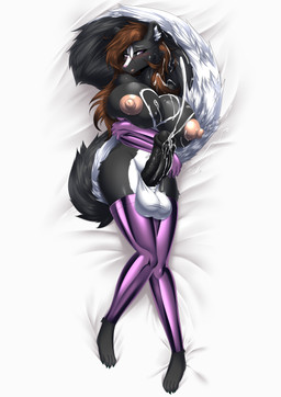 animal_genitalia animal_penis anthro areola balls bedding bedding_background big_breasts big_nipples big_penis blush bodily_fluids breasts clothing cum cumshot ejaculation equine_genitalia equine_penis erection fur genital_fluids genitals gynomorph hair huge_breasts intersex latex latex_clothing looking_at_viewer lying nipples on_back open_mouth orgasm penis simple_background solo tail mirapony mammal mephitid skunk absurd_res digital_media_(artwork) hi_res