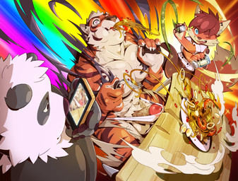 abs anthro balls biceps black_body black_fur blue_eyes bottomwear brown_body brown_fur cellphone claws clothed clothing electronics erection fangs food fur genitals group hair humanoid_pointy_ears larger_male looking_up magic male mostly_nude muscular muscular_male navel nipples one_eye_closed open_mouth orange_body orange_fur pasta pecs penis phone pointy_ears pubes purple_eyes raised_arm sitting size_difference smile spaghetti standing stripes teeth thick_penis torn_bottomwear torn_clothing torn_underwear underwear vein veiny_muscles veiny_penis white_body white_fur wink wood jacketbear jacketbear_(character) bear canid canine felid fox giant_panda mammal pantherine tiger 2017 character_request