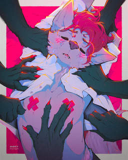 anthro arm_grab bed_sheet bedding bodily_fluids claws clothed clothing ears_down eyes_closed eyewear facial_tuft fur glowing glowing_body glowing_fur grey_body grey_fur hair hand_on_chest male open_mouth partially_clothed pivoted_ears red_hair simple_background solo sweat tail tuft undressing undressing_another vitiligo andre_moraph andre_moraph_(character) canid canine canis mammal wolf 2026 4:5 absurd_res colored digital_drawing_(artwork) digital_media_(artwork) hi_res line_art shaded signature