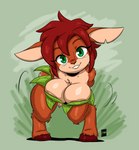 alternate_breast_size anthro areola big_breasts biped breasts brown_hair clothed clothing countershade_face countershade_fur countershade_tail countershading eyebrow_through_hair eyebrows female fur green_eyes hair hooves leaf_clothing looking_at_viewer plant_clothing scut_tail short_hair short_tail smile solo tail thick_thighs translucent translucent_hair joaoppereiraus activision spyro_reignited_trilogy spyro_the_dragon elora faun_(spyro) 2021 absurd_res digital_media_(artwork) hi_res signature