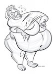 anthro areola belly big_belly big_breasts bottomwear breasts clothing eyes_closed female huge_breasts navel nipple_outline nipples obese obese_anthro obese_female open_mouth overweight overweight_anthro overweight_female pants shirt solo thick_thighs topwear dutch_(artist) misty_the_mouse apple_(dutch) bear giant_panda mammal 2020 hi_res line_art