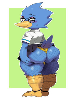 avian_feet barefoot beak big_butt blush bottomwear bubble_butt butt clothed clothing crossdressing eyeshadow feathers feet femboy fishnet_clothing grabbing_own_butt hand_on_butt hand_on_own_butt holding_butt looking_at_viewer looking_back looking_back_at_viewer makeup male mascara miniskirt nervous panties pink_eyeshadow presenting presenting_hindquarters skirt solo tail tail_feathers thick_thighs underwear wide_hips yellow_clothing yellow_underwear teztaz deltarune undertale_(series) berdly avian bird bluebird oscine passerine thrush_(bird) hi_res