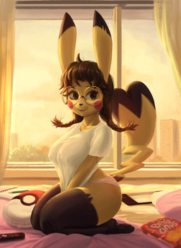 anthro bed big_breasts black_hair breasts clothing eyelashes eyewear female fur furniture glasses hair heart_tail inside kneeling long_ears nipple_outline on_bed panties partially_clothed_female pigtails red_cheeks round_glasses shirt short_stack solo t-shirt tail thick_thighs topwear underwear wearing_glasses window yellow_body yellow_fur drxsmokey nintendo pokemon millie_(drxsmokey) generation_1_pokemon mammal pikachu pokemon_(species) rodent hi_res