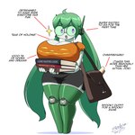 ahoge big_breasts book bottomwear breasts cleavage clothed clothing female green_hair hair huge_breasts long_hair machine not_furry open_mouth purple_eyes satchel shadow shirt shorts simple_background smile solo text thick_thighs topwear wide_hips zedrin bit_(zedrin) humanoid robot robot_humanoid 1:1 absurd_res english_text hi_res signature