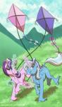 duo female feral glowing horn kite kite_flying levitation magic running sparkles inuhoshi-to-darkpen friendship_is_magic hasbro my_little_pony mythology starlight_glimmer_(mlp) trixie_(mlp) equid equine mammal mythological_creature mythological_equine unicorn hi_res