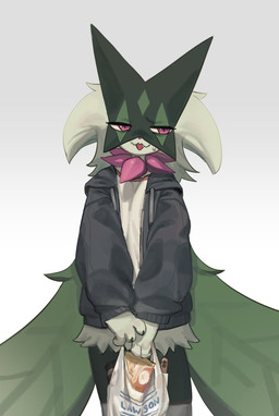3_fingers ambiguous_gender anthro claws clothed clothed_anthro clothing cute_fangs fangs finger_claws fingers flower_(anatomy) fur green_body green_fur hoodie jagged_mouth mask pink_eyes pink_nose shirt shopping_bag solo teeth topwear yuureii nintendo pokemon generation_9_pokemon meowscarada pokemon_(species) 2025 hi_res