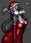 anthro blue_eyes blush breasts christmas_clothing christmas_headwear cleavage clothed clothing female gloves hair handwear hat headgear headwear holidays looking_at_viewer outside santa_hat snow snowing solo steam whiskers sakuyako_kyora christmas felid mammal