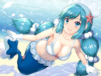 accessory blue_eyes blue_hair bra bubble clothing eyebrows eyelashes female fingers gem gloves hair hair_accessory handwear long_hair looking_at_viewer navel pearl_(gem) pokemorph sea smile solo split_form starfish_(accessory) underwater underwear water 雪村千紗 nintendo pokemon aquatic asterozoan echinoderm generation_7_pokemon humanoid merfolk pokemon_(species) pokemon_humanoid primarina starfish