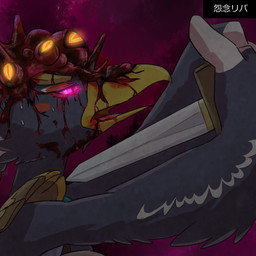 anthro beak blood blue_body blue_feathers bodily_fluids braided_hair braided_ponytail corruption feathers glowing glowing_eyes green_eyes hair imminent_death imminent_suicide male melee_weapon parasite ponytail sword weapon wounded yellow_beak kusachi breath_of_the_wild nintendo the_legend_of_zelda revali windblight_ganon avian rito 1:1