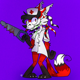 anthro beard black_body black_fur black_hair blood bodily_fluids clothing cross ear_tuft facial_hair fur goatee hair headgear headwear male markings nurse nurse_clothing nurse_headwear nurse_uniform pseudo_hair red_body red_fur red_tail simple_background smile solo standing tail teeth tentacle_hair tentacles toony tuft uniform whisker_markings white_body white_fur caroolcfa lapfox_trax renard_queenston canid canine fox mammal 1:1 digital_media_(artwork) hi_res signature