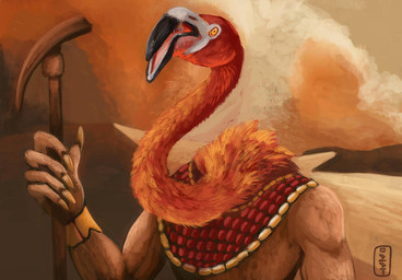 anthro beak desert dunes feathers male open_beak open_mouth red_body red_feathers sand scepter solo storm teeth hodarinundu egyptian_mythology middle_eastern_mythology mythology set_(deity) avian bird deity flamingo