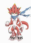 abs anthro claws codpiece fist horn male red_body scarf solo yellow_eyes kubota_keita bandai_namco digimon digimon_ghost_game betelgammamon digimon_(species) scalie hi_res