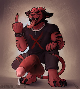 anthro beard big_penis bodily_fluids bottomwear bracelet clothing demonic dripping ear_piercing facial_hair genital_fluids genitals gesture hand_gesture horn huge_penis humanoid_genitalia humanoid_penis hyper hyper_genitalia hyper_penis jewelry male middle_finger necklace pants penis piercing precum precum_drip ring simple_background solo spiked_bracelet spikes torn_bottomwear torn_clothing torn_pants whiskers lewd_catto vermell demon felid feline mammal hi_res