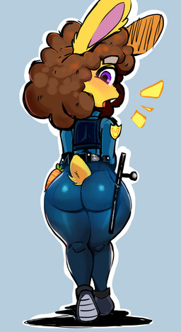 anthro belt big_butt black_clothing black_footwear black_shoes blue_body blue_clothing blue_uniform bottomwear brown_hair buckteeth butt butt_focus carrot clothed clothed_female clothing cosplay costume cutie_mark female fluffy fluffy_hair food footwear fur hair huge_butt huge_hips leg_markings legs_together long_ears looking_at_viewer looking_back markings medium_hair pants plant police police_badge police_baton police_officer police_uniform purple_eyes rabbit_ears scut_tail shirt shoes short_tail simple_background solo surprised tail teeth thick_tail tight_bottomwear tight_clothing tight_pants tongue tongue_out toony topwear uniform vegetable wide_hips yellow_body yellow_fur la_tiapat disney hasbro my_little_pony zootopia judy_hopps pat_(prettypatsusan) lagomorph leporid mammal rabbit hi_res